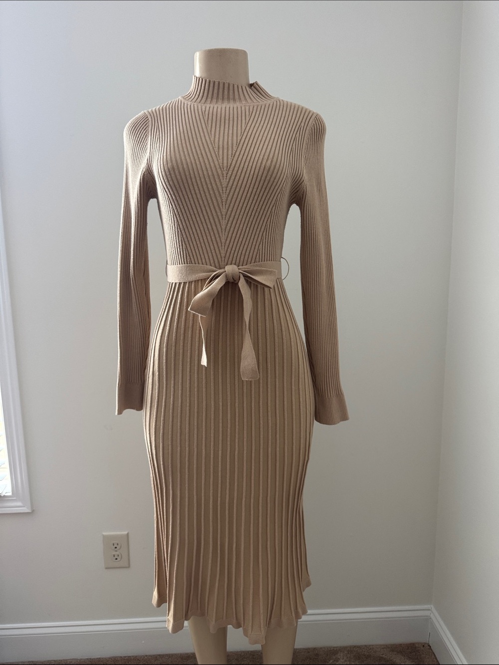 SHEIN | Ribbed Knit Tie-Waist Long Sleeve Dress in Beige